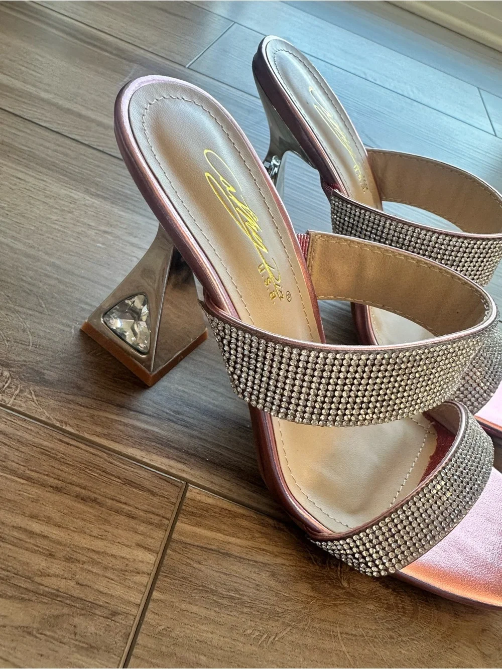 Crystal-Embellished Rose Pink Metallic Block Heel Sandals Brand New w/ Box